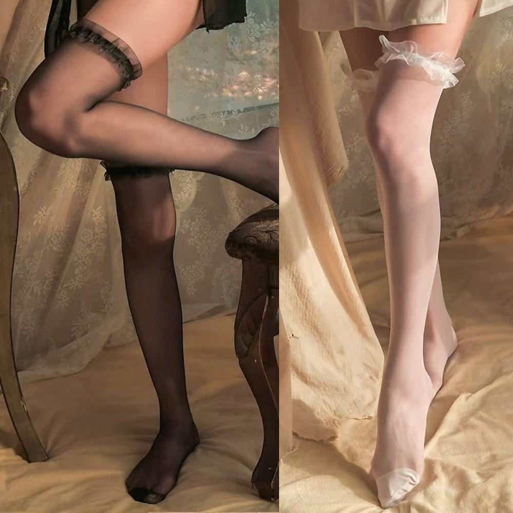 Floral Black White Tights Ultra-thin Long Knee Socks Sexy Leg Cover Socks  Anime Cosplay
