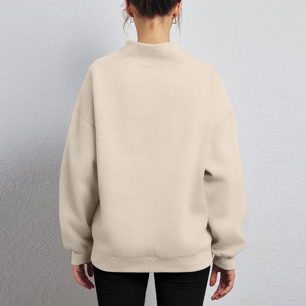 Ladies' Fashionable Loose High Neck Long Sleeved Solid Color Hoodie Top Pullover