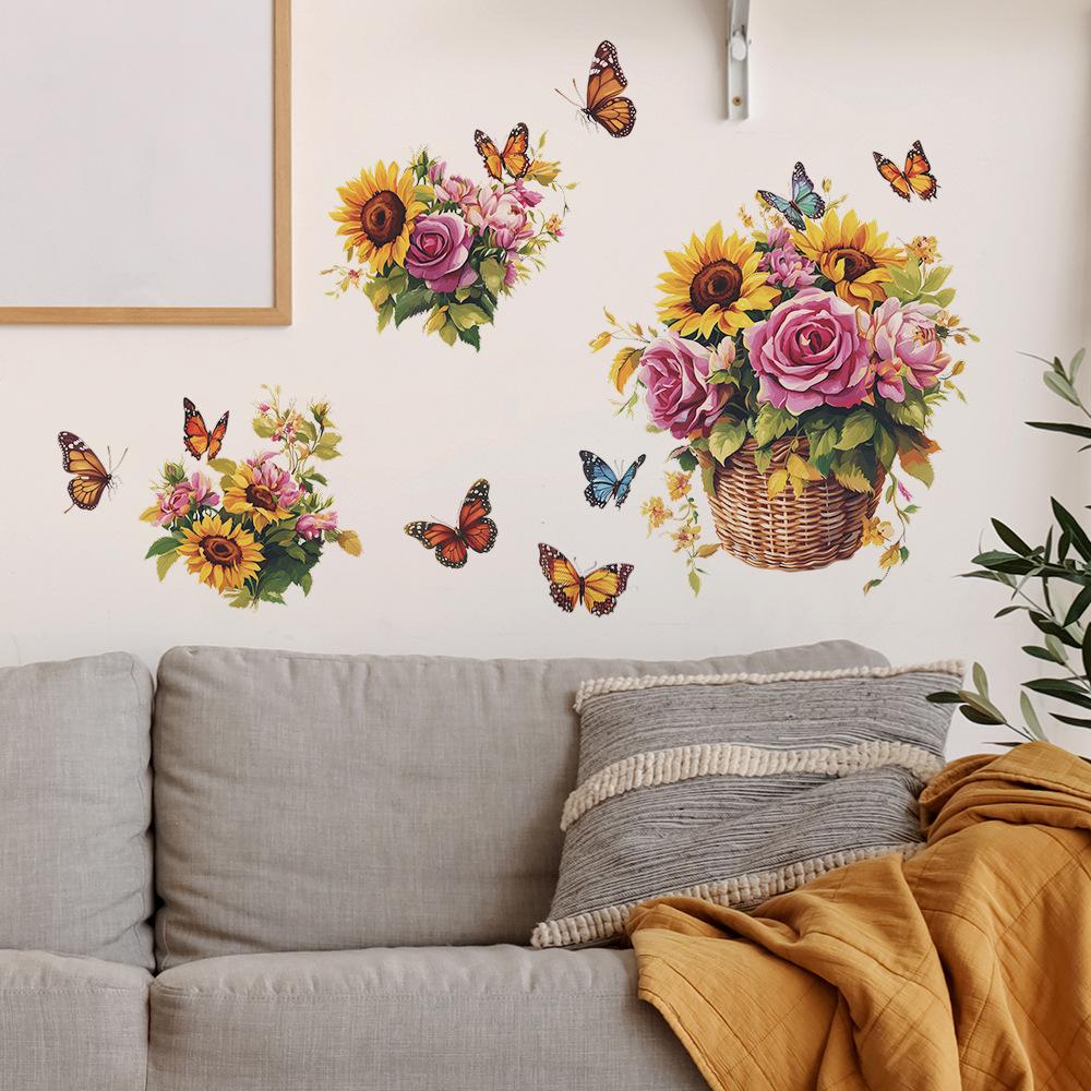 Hand Painted Sunflower Basket and Butterfly Wall Sticker for Bedroom Living Room Background Self-Adhesive Removable Home Decor