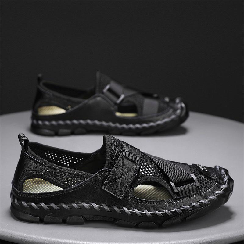 Herren Outdoor Wandersandalen Handgefertigt Sommer Römische Sandalen Retro Weit Geschlossene Zehen Grau Strand Wasserschuhe Übergröße
