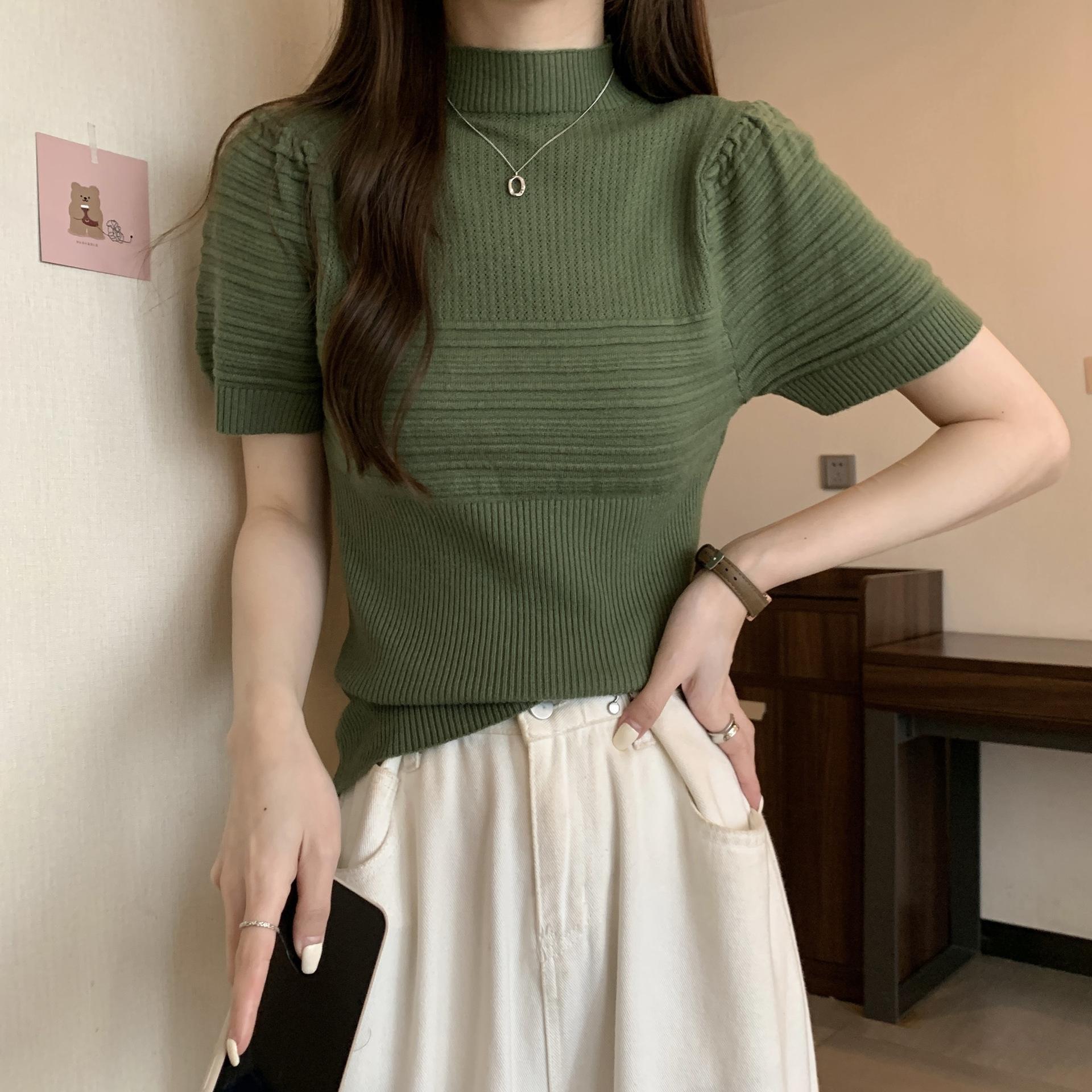 

Шерстяной трикотажный свитер, нижние части, топы, женская весенне-летняя свободная мягкая внутренняя стерео полосатая футболка, женская повседневная базовая облегающая футболка, пуловеры, футболки One Size зелёный