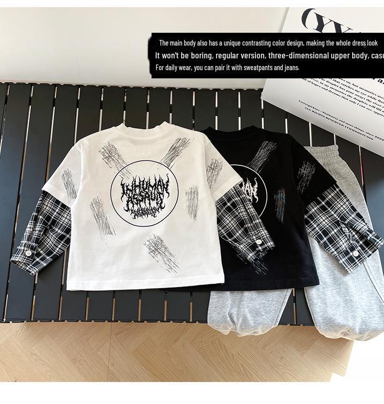Nausicaa Spring 2025 Plaid Faux Two-Piece Letter T-Shirt for Boys – Trendy Korean Style