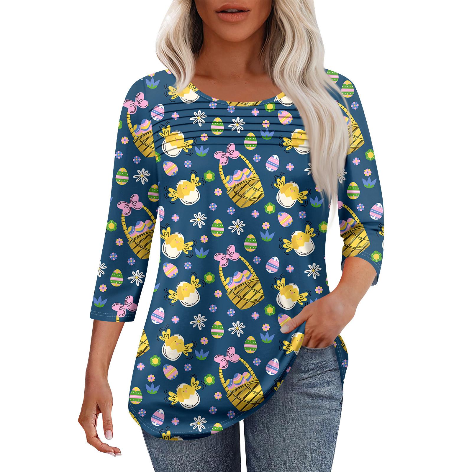 

Женская мода круглый вырез шея плиссированная передняя планка с принтом рукав 3/4 топ XL тёмно-синий