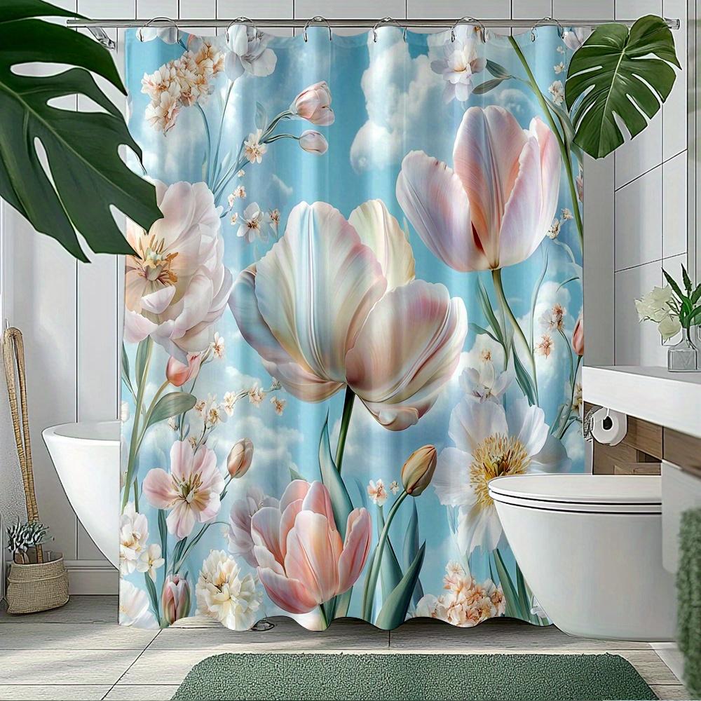 

1Pc Pastel Floral Shower Curtain - Realistic Tulips & Clouds, Soft Flowers, Polyester, 70X70In, 12 Hooks, Washable, All-Season W60H190(CM)-1 Pcs