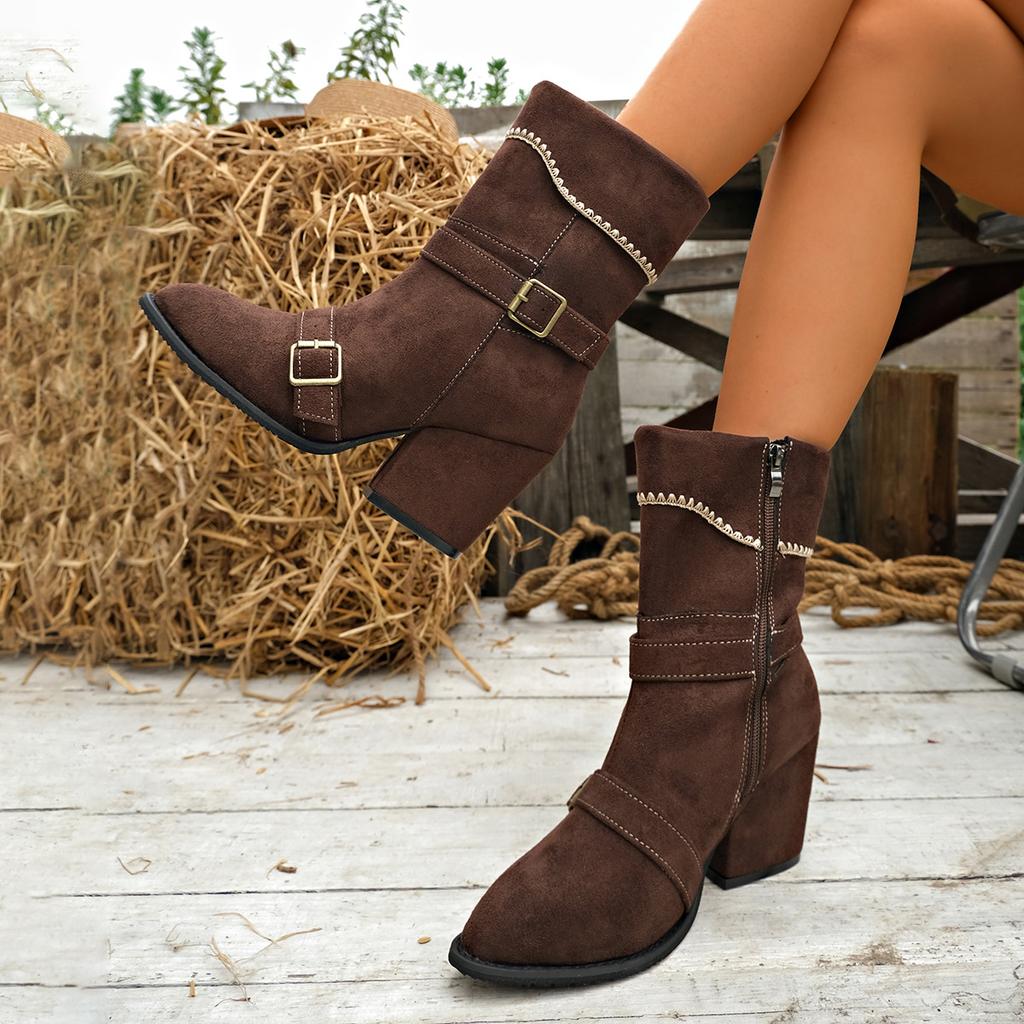 Women's new fashion boots autumn and winter new belt buckle flip large size medium tube pointed Martin boots in stock