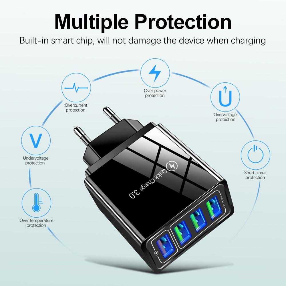4-Port USB Fast Charger with QC3.0, 4.1A Smart Travel Adapter