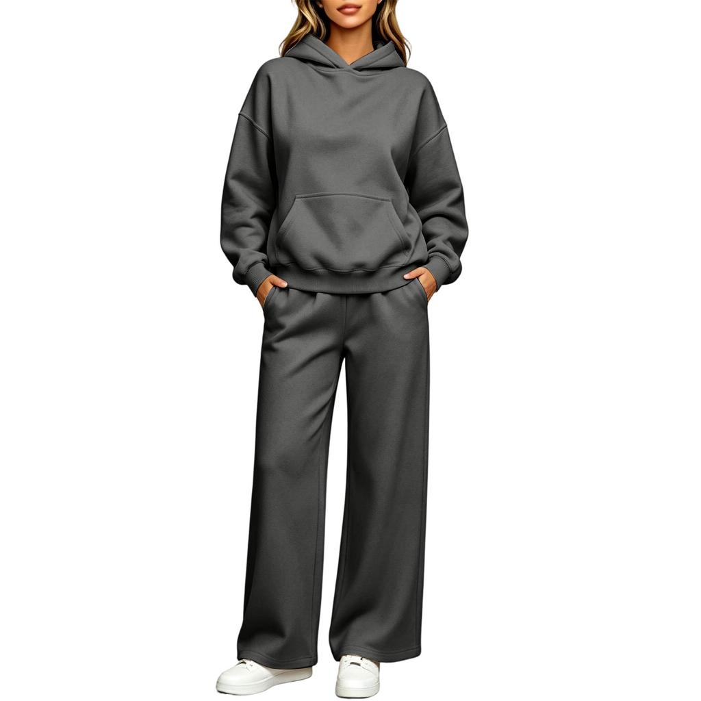 Ensemble assorti pantalon large à épaules tombantes doublé grande taille pour femme Survêtement décontracté athlétique pour l'automne l'hiver