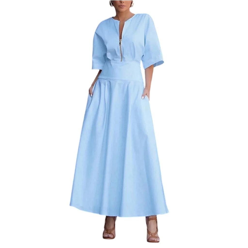 Fashionable Women's  Color Dress, Large Swing Long Skirt, Fashionable Casual Short Sleeved Dress, Women's