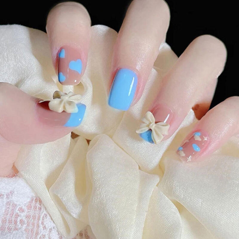 

Sky Blue Ribbon Heart Point Nail Tips [24tips] Z019