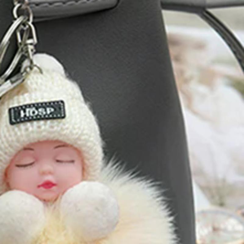 Linyi Toy Unisex Pompom Sleeping Baby Keychain Cute Fluffy Plush Doll Keychains