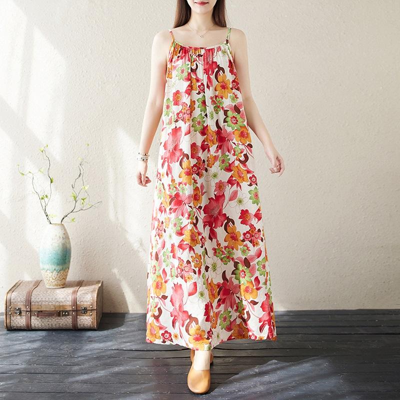 Sleeveless Strap Plus Size Cotton Vintage Floral New In Dresses For Women Casual Loose Long Summer Dress