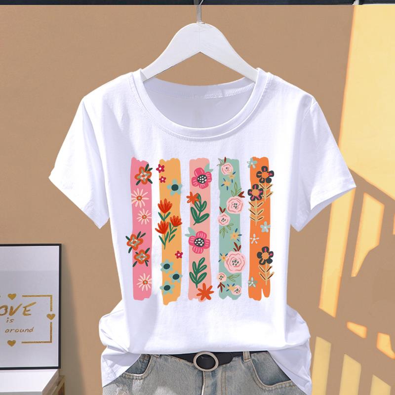 (Asian Size) watercolor flower cute Casual T Short Sleeve T-shirts Women's Top Print O-neck Fashion Female Clothing Graphic Tee