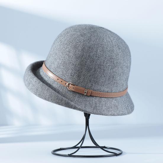 Basin Hat British Style Woolen Casual Hat with Rolled Brim Faux Leather Strap Women Autumn Winter Urban Hat