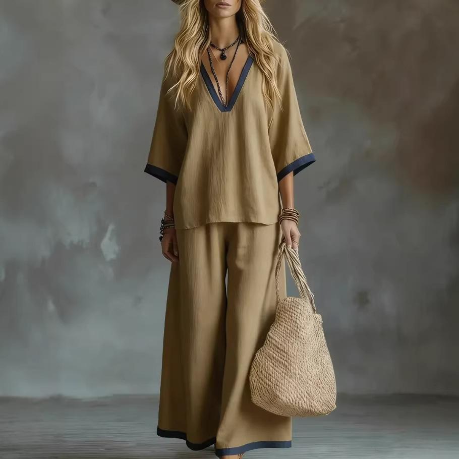 Women's Two Piece Set V Neck Wide Leg Pants with Contrast Trim