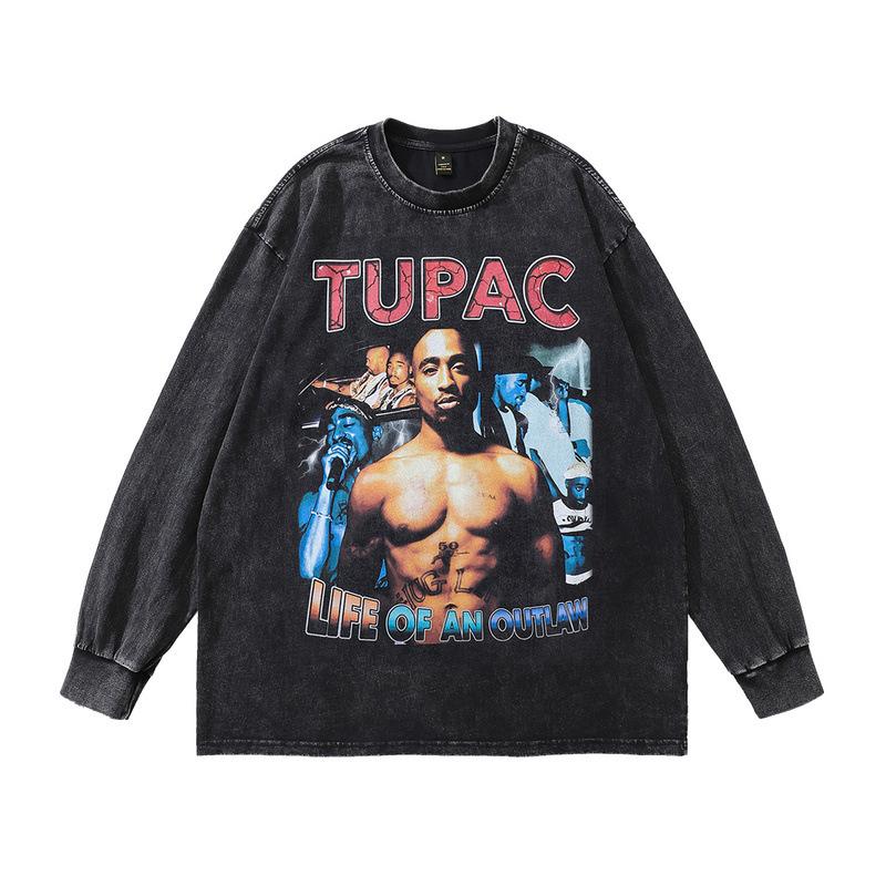 European, American High Street Retro Washed Old Hip-Hop Bottoming Shirt Loose Digital Direct Injection Printing Long-Sleeved T-Shirt Men
