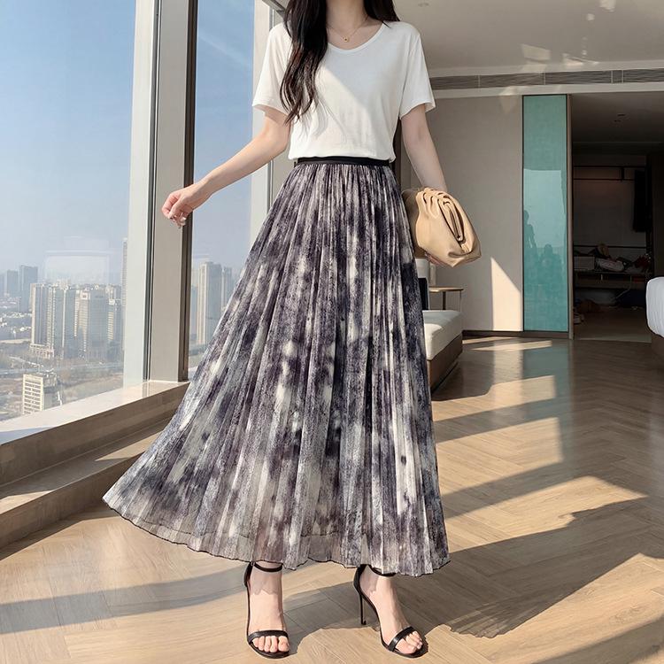 Fei Yuan Ink Print Mesh Midi Skirt - Women's Spring Fashion Versatile & Stylish for Daily Commute