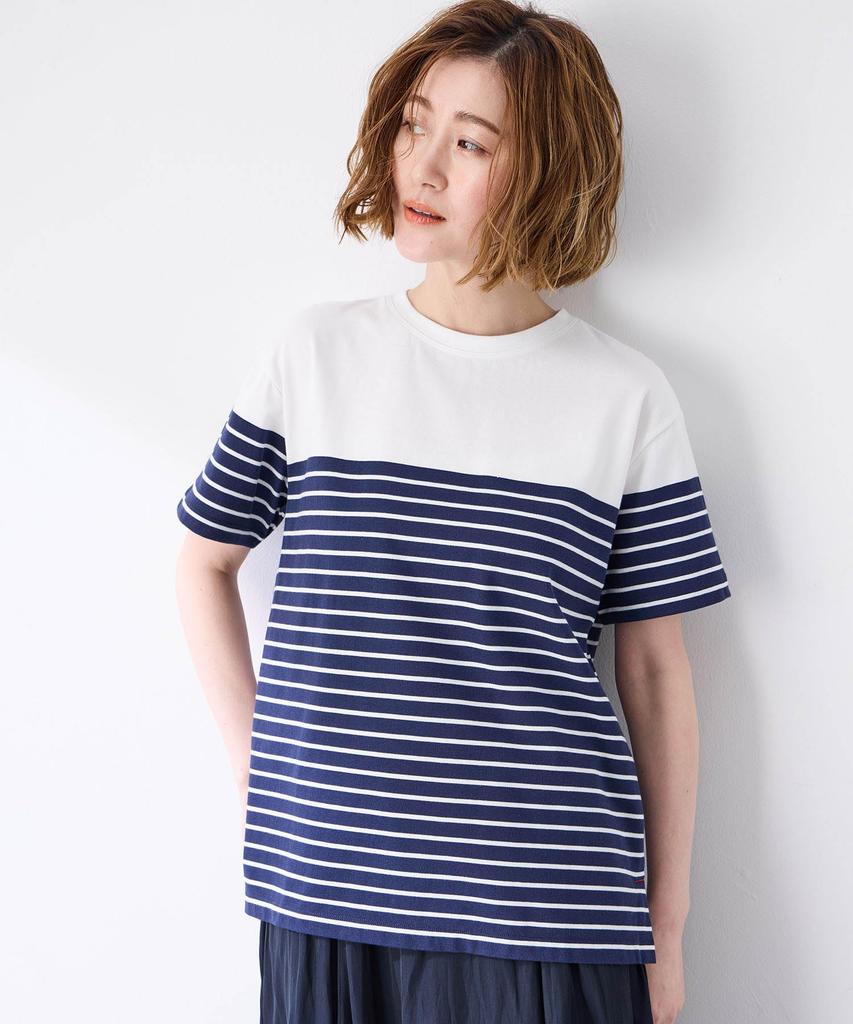 Petit Honfleur Paneled Striped Navy Women's T-Shirt, 521105,