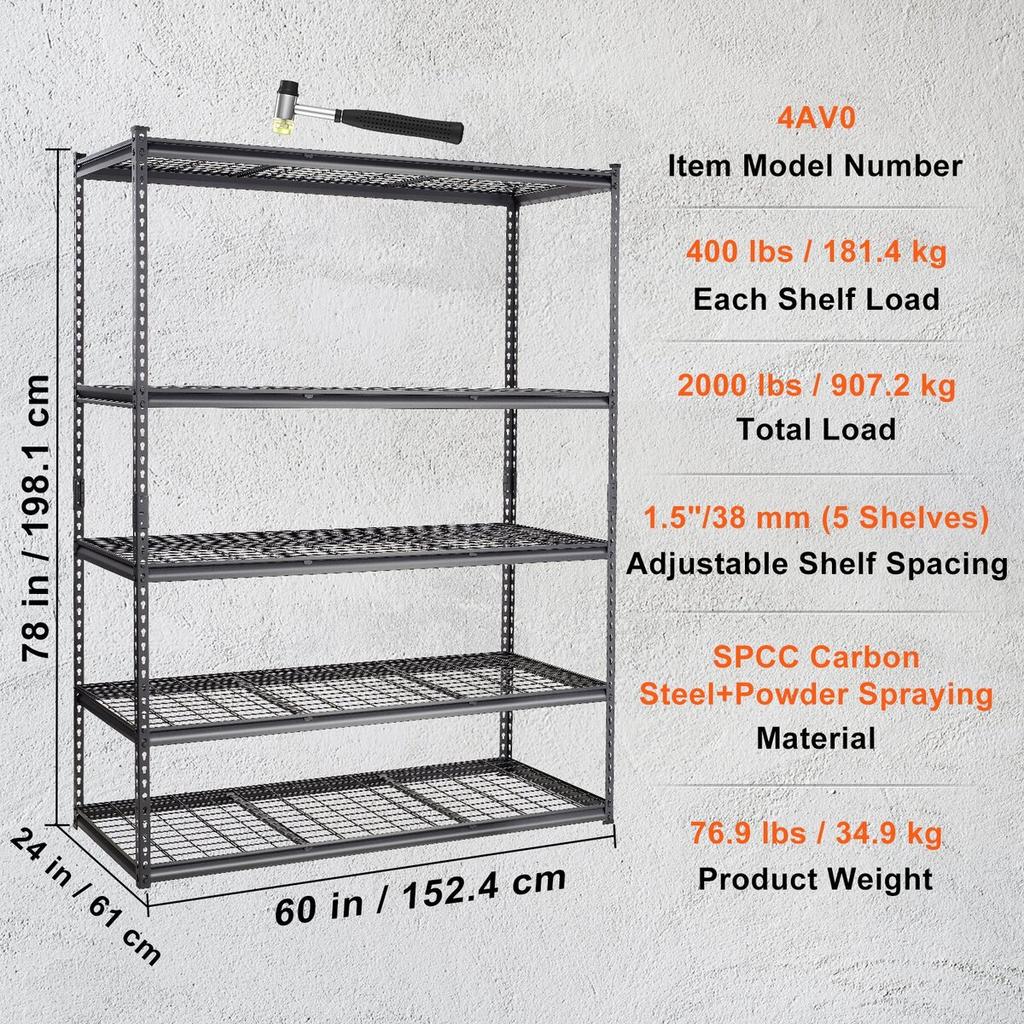Storage Shelving Unit, 5-Tier Adjustable, 2000 Lbs Capacity, Heavy Duty Garage Shelves Metal Organizer Wire Rack, Black, 60" L X 24" W X 78" H for