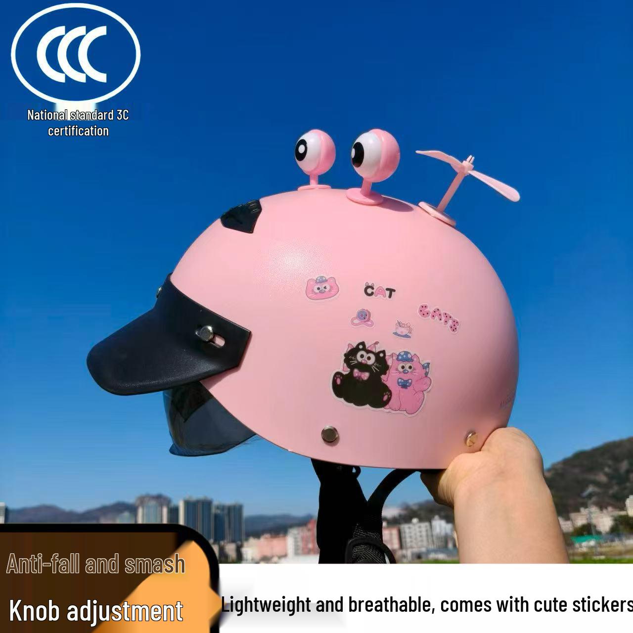 

3C Certified Cartoon Helmet with Knob Adjustment for Electric Motorcycles - All-Season Riding for Men & Women White Cat + Sun Visor
