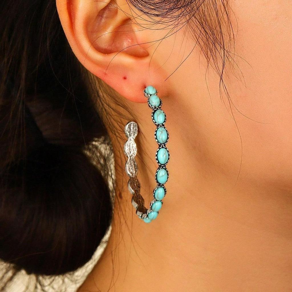 Western Style Turquoise Pendant Large Oval Earrings, Vintage Statement Earrings, Bohemian Women's Delicate Hoop Earrings, Women, 1 Pair