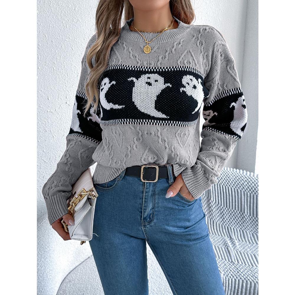 Autumn/Winter Women's Hoodie Halloween-themed Ghost Contrast-colour Long-sleeved Pullover Women's Knitted Sweater Top