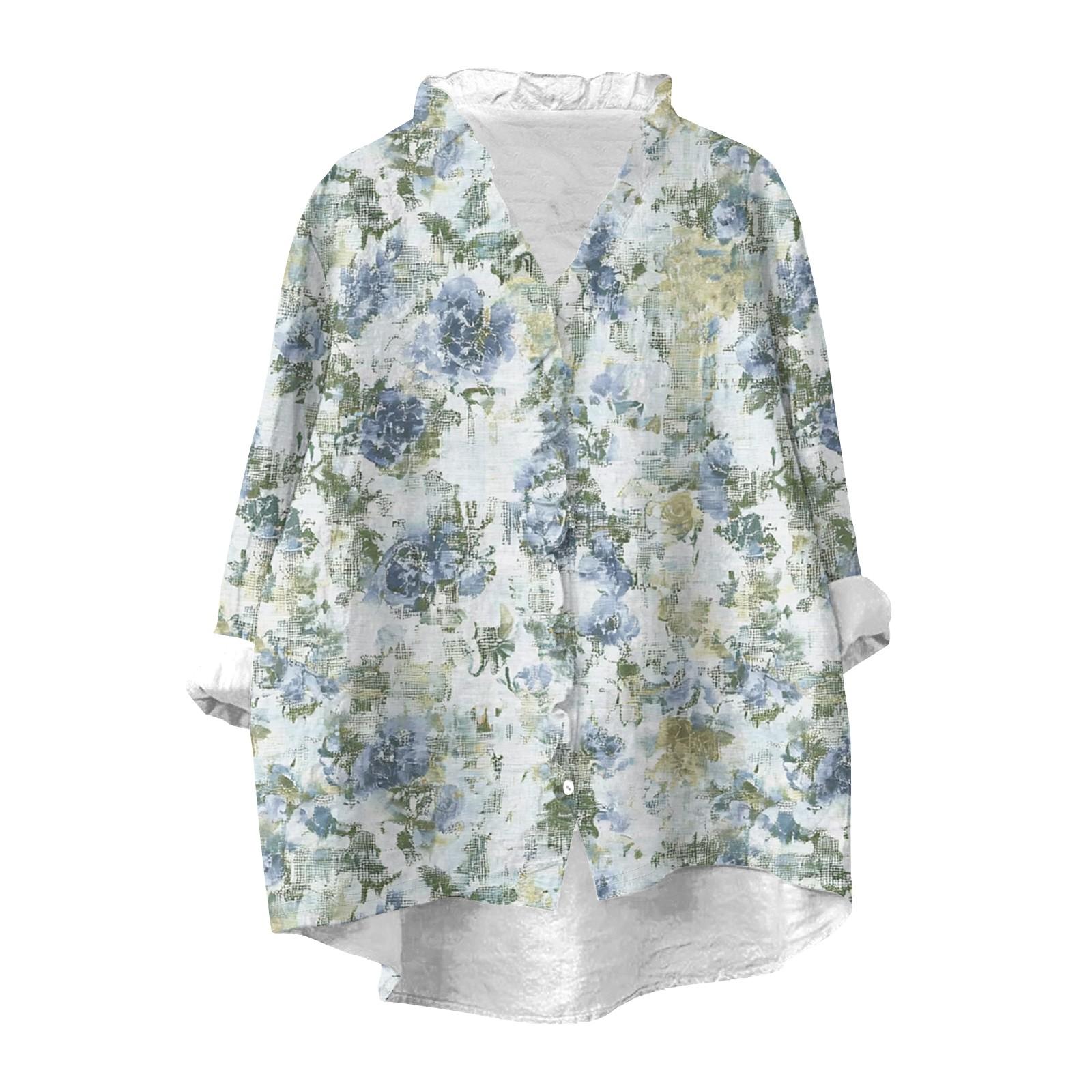 Women s Loose Ruffled Retro Floral Print Stand Collar Long Sleeve Cotton And Linen Top S