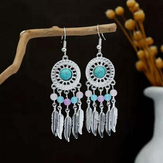 Peacock Tassel Earrings with Hollow Leaf Design in Retro Ethnic Style Imitation Silver for Women