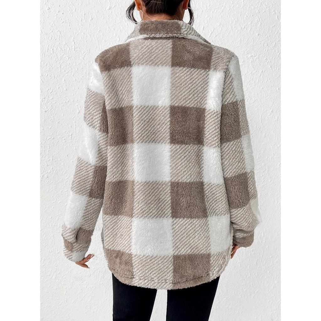 Ladies' Plush Fleece Winter Coat - Grid High Stretch Coat, Middle Eastern Elegant Collection, Machine Washable for Autumn and Winter