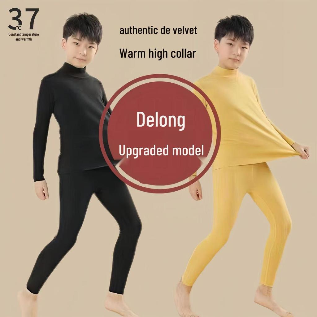 Kids' Double-Sided Fleece Warm Set: High Collar, Cold Protection, Autumn Top & Bottom, Medium/Large Sizes