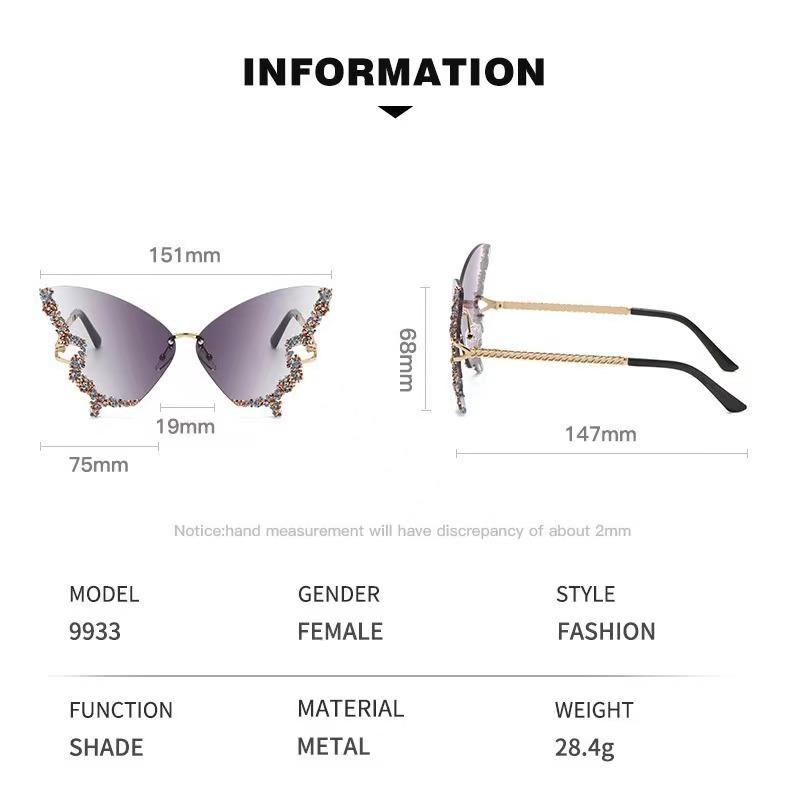 Luxury Diamond Butterfly Sunglasses Women Brand Y2k Vintage Rimless Oversized Sun Glasses Ladies Eyewear Gafas De Sol