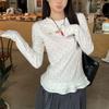 Women's Sweet White Polka Dot Ruffled Hem Long Sleeve Tee