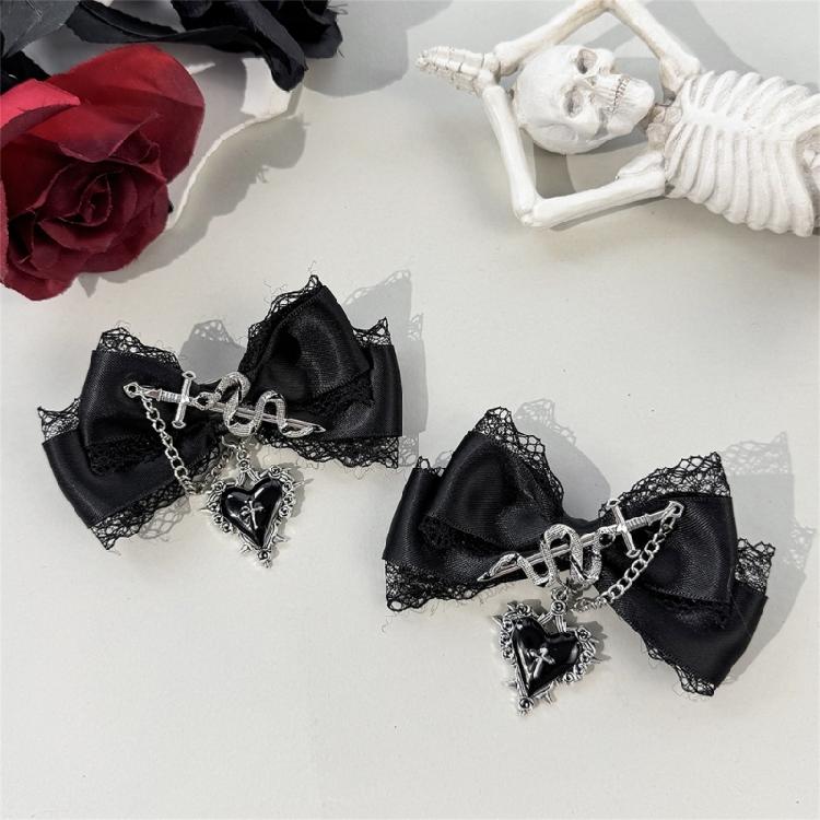 Fermaglio per capelli con design a catena a forma di cuore e fiocco, Barretta in pizzo punk per donna/ragazza, per abbigliamento casual e formale, Accessorio per capelli anime, 2 Pezzi