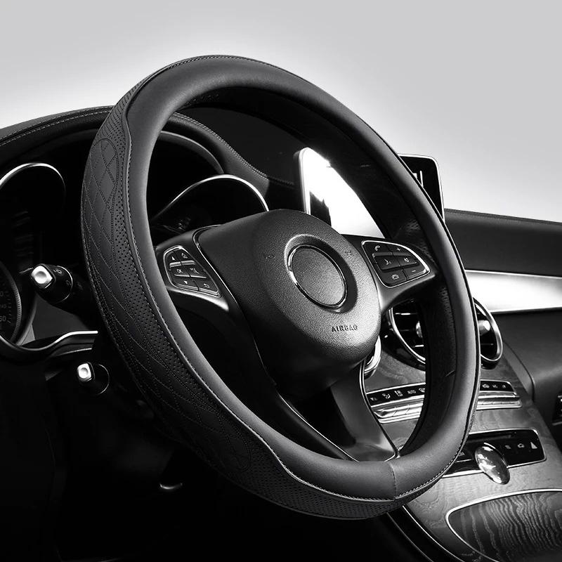 GSFWW1 Embossed PU Leather Patchwork Car Steering Wheel Cover, Non-slip, Breathable, Universal 15 Inch (Approx. 38cm)