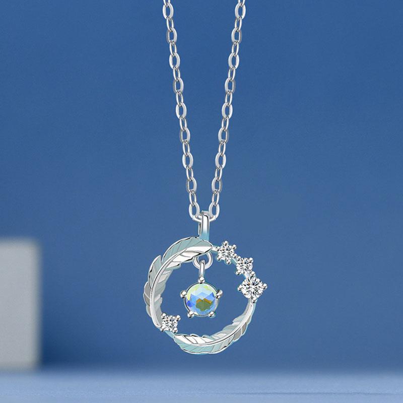 ANENJERY Moonstone Feather Pendant Necklace for Women Jewelry Gift Wholesale