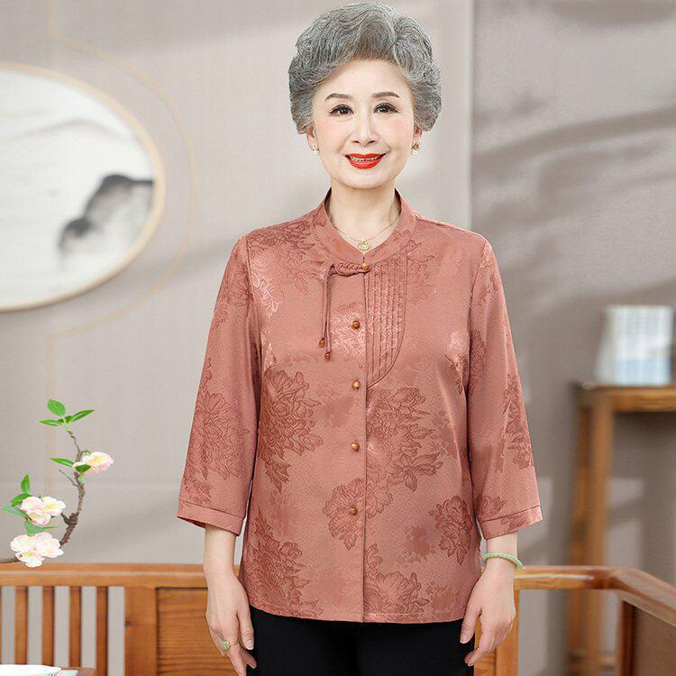 Elegant Silk Seven-Sleeve Summer Shirt for Moms: Chic Chinese Style for Middle-Aged and Elderly Women