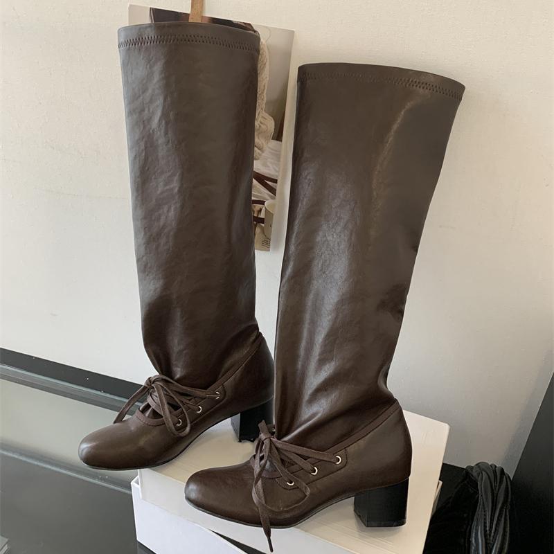 Fashion Eilyken Designer Lace-up Pleated Knee-High Boots Woman Square Low Heels Long Booties Autumn Winter Round Toe Female Shoes