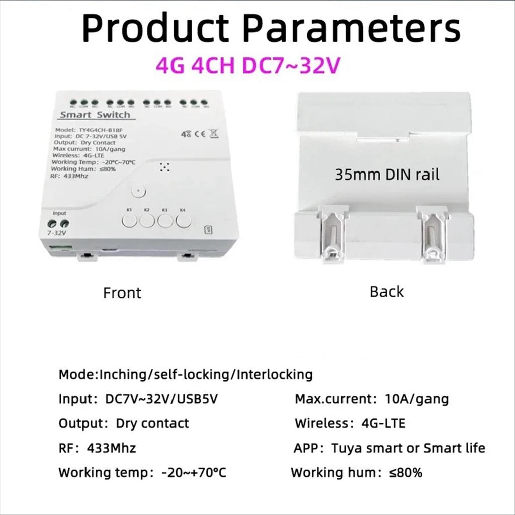 Tuya Smart Switch 4G LTE Relay with 433Mhz Smart GSM Switch APP Wireless Control 4G 4CH Remove Controller DC 7-32V