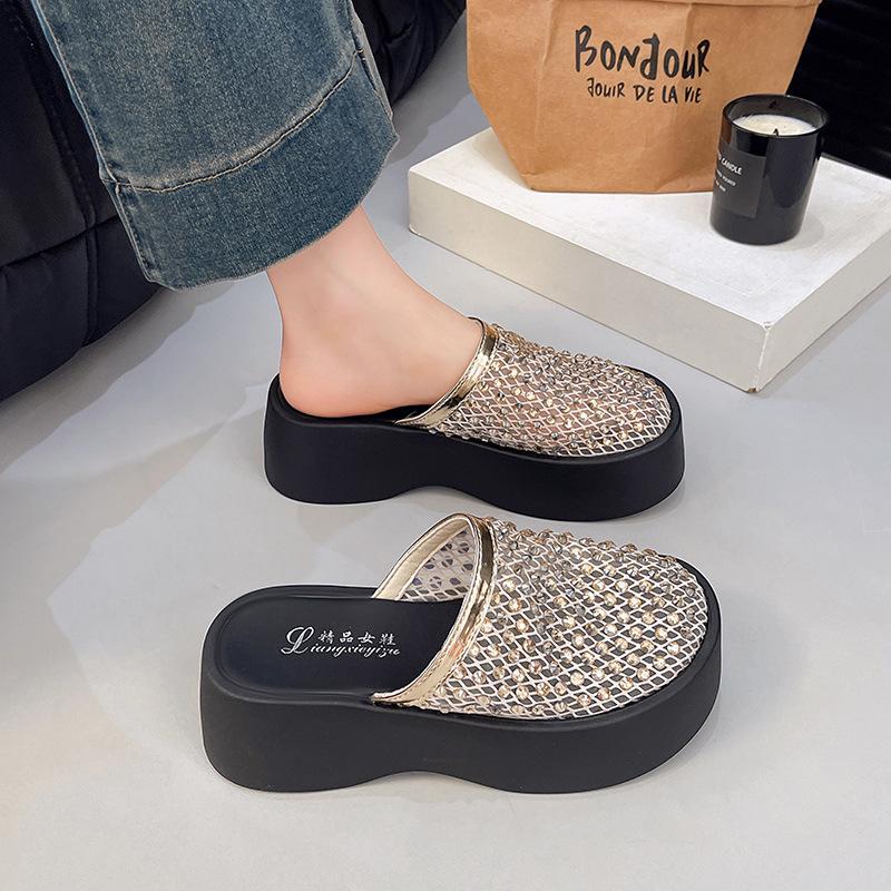 Baotou mesh breathable word with muffin bottom women's outer slippers solid color waterproof table square head casual Korean version sandals