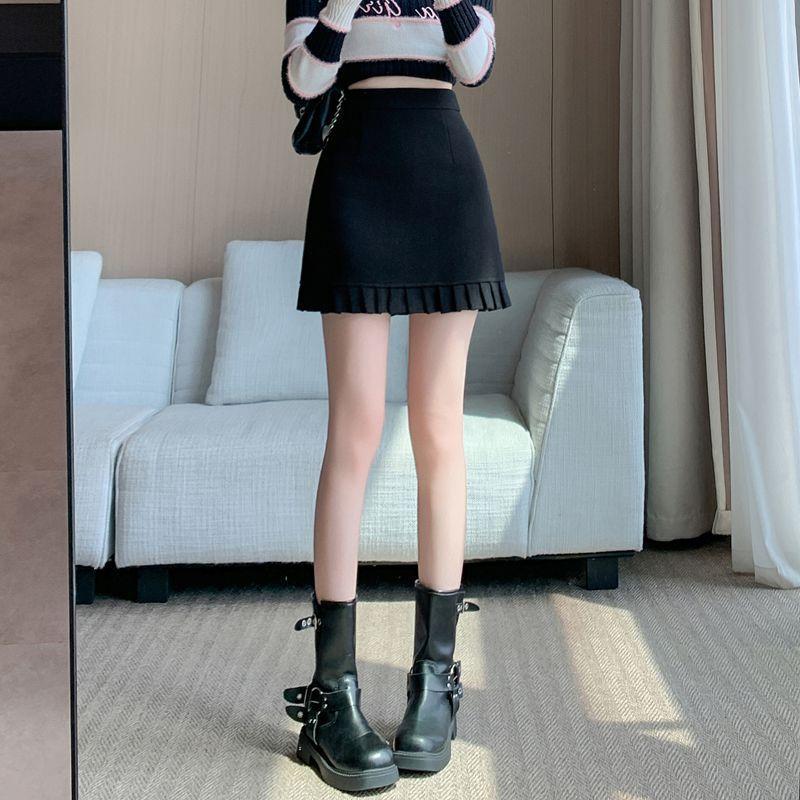 Korean A-Line Wool Blend Pleated Skirt - Women's High-Waisted Slimming Short Skirt for Autumn/Winter