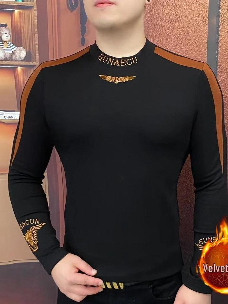 Bluză sport bărbătească cu guler înalt brodat și căptușeală din fleece - Modă Toamnă/Iarnă, Color Block, Mânecă lungă