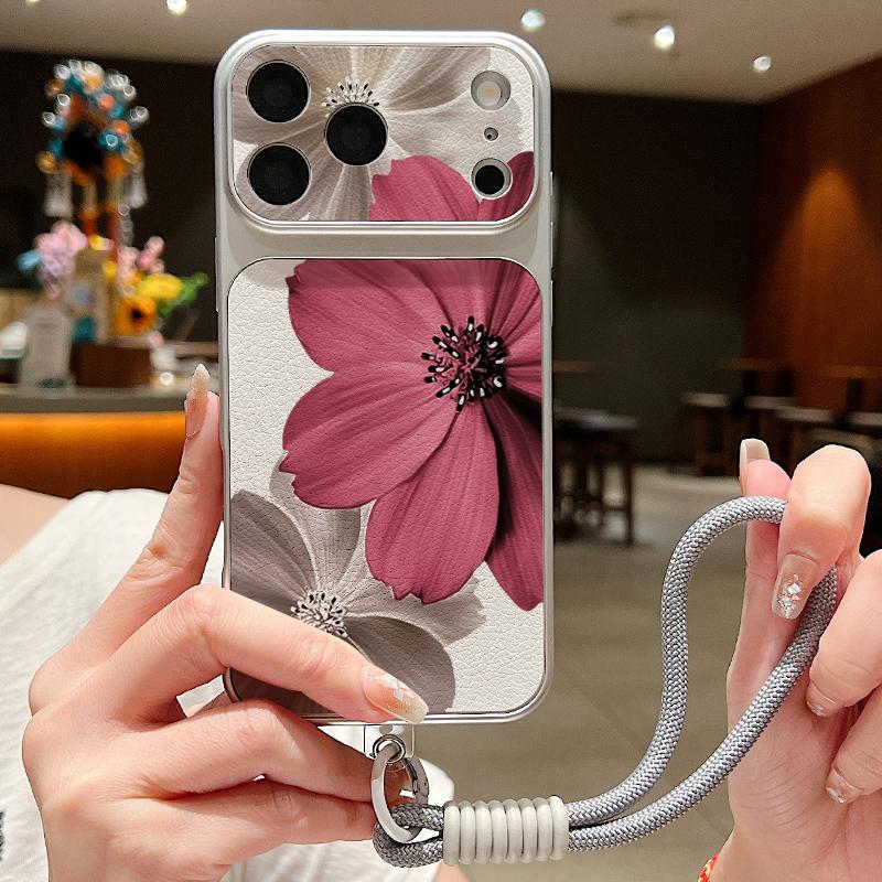 Floral Pattern Leather Lanyard Case For iPhone 18 Pro Max 17 16 15 14 13 Pro Max Luxury Hybrid TPU+PU Anti-skid Soft Phone Cover