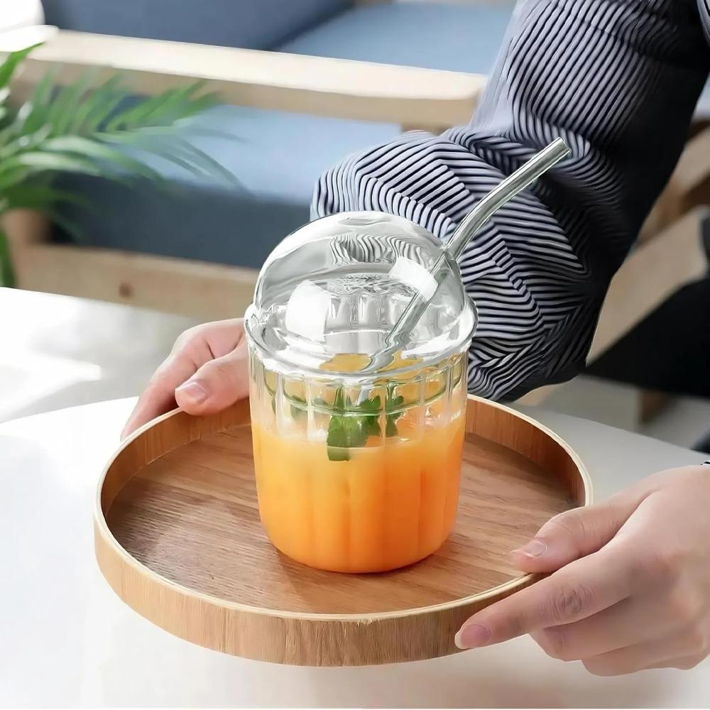 Clear Glass Straw Cup Dome Lid Drinking Cup Drinkware Milk Tea Cup  Coffee