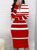 2024 Fall/Winter Women's Slim Fit Black & White Striped Long Sleeve Color Block Dress