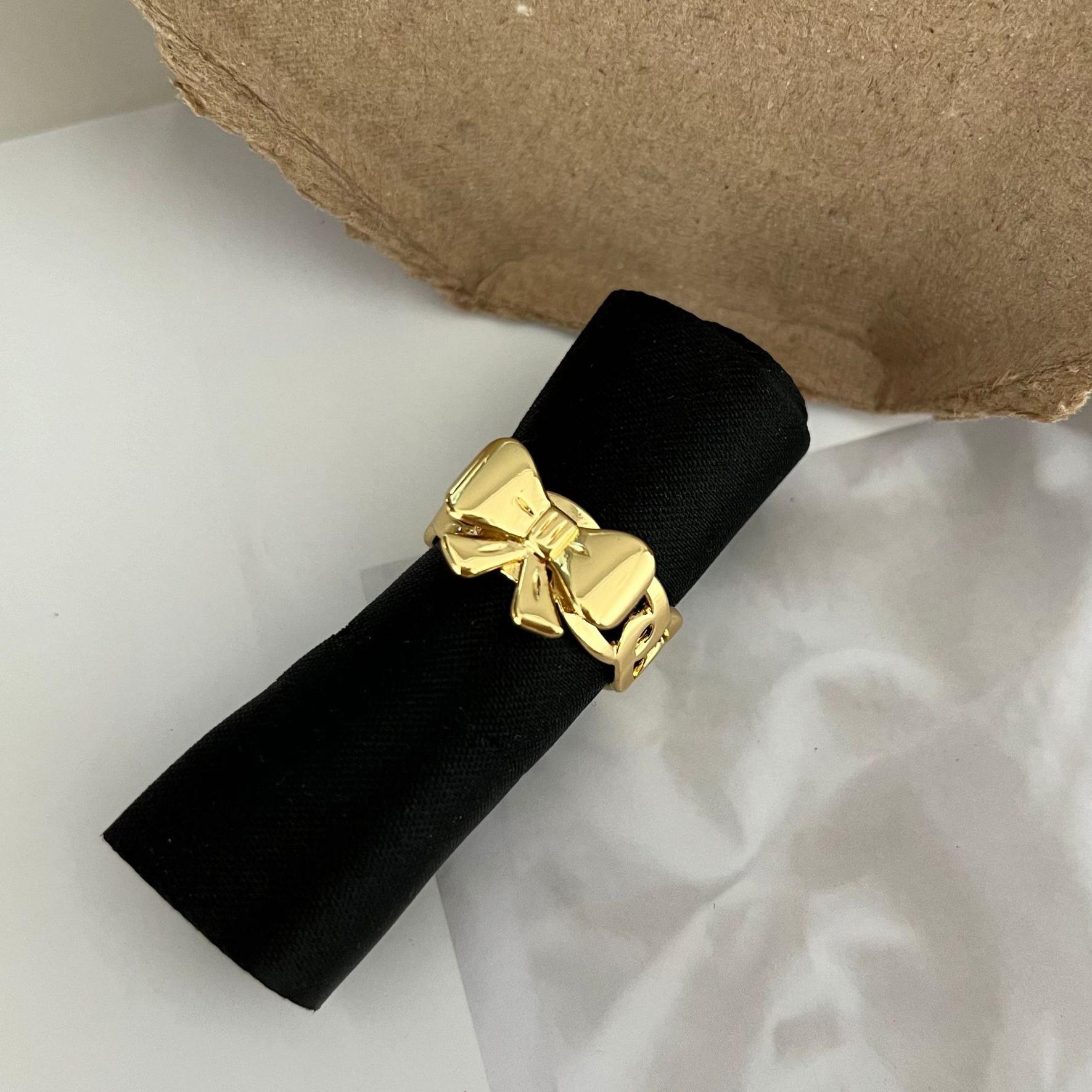 

Y2K Sweet Copper Color Bow Ribbon Rings for Women Girls Opening Adjustable Rings Multilayer Metal Strap Bowknot Design Zircon