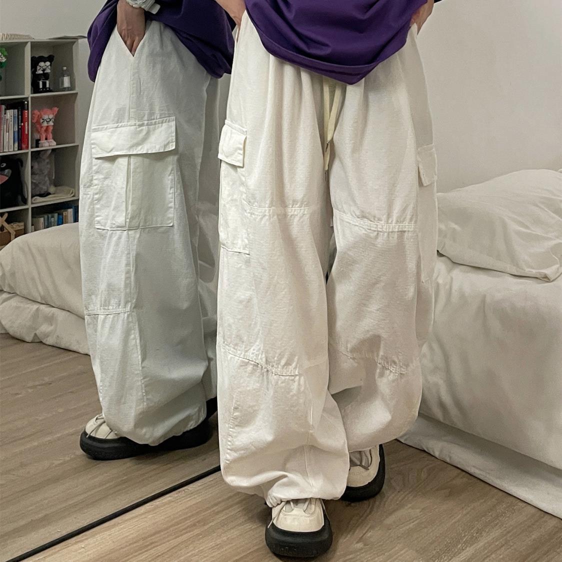 

Autumn Spring Women s Trendy Retro Cotton Cargo Pants - Thick, Casual, Loose, Floor-Length, Wide-Leg Design. L