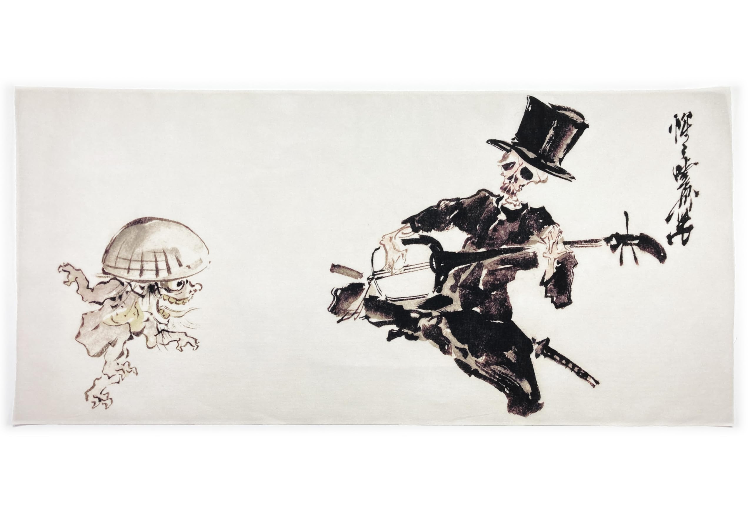 prints from around the Tenugui featuring a skeleton playing the by Kawanabe Ukiyo-e world (hand towel) shamisen, Kyōsai.