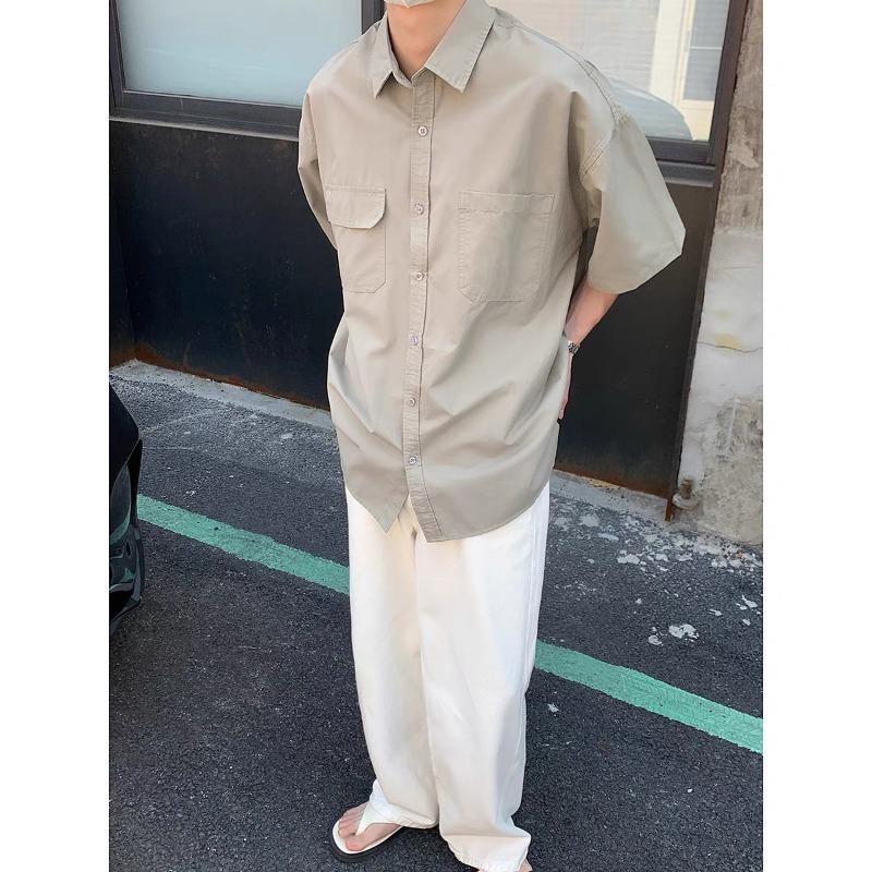 Men Oversized Short Sleeve Button Down Shirt Casual Loose Streetwear Summer Top