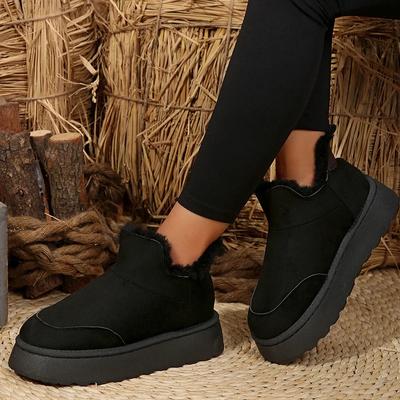 Winter Damen Kurzer Plüsch Warme Schneestiefel Freizeitschuhe Neue Wildleder Fell Chelsea Stiefeletten Flats Plateau Damenschuhe Schwarz Botas