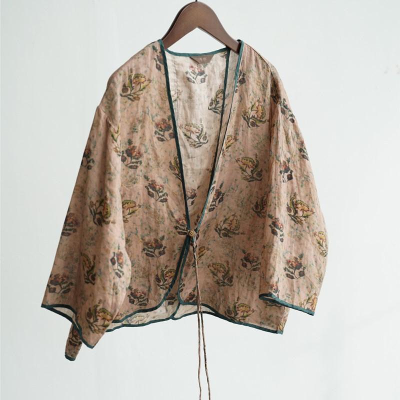 Johnature Women Vintage Shirts Tops V-Neck Nine Sleeve Blouses Summer Chinese Style Single Button Shirts