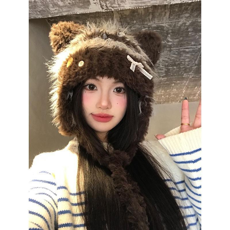New autumn and winter sweet and cute cat ears bow plush hat women's warm face small ear hat tide